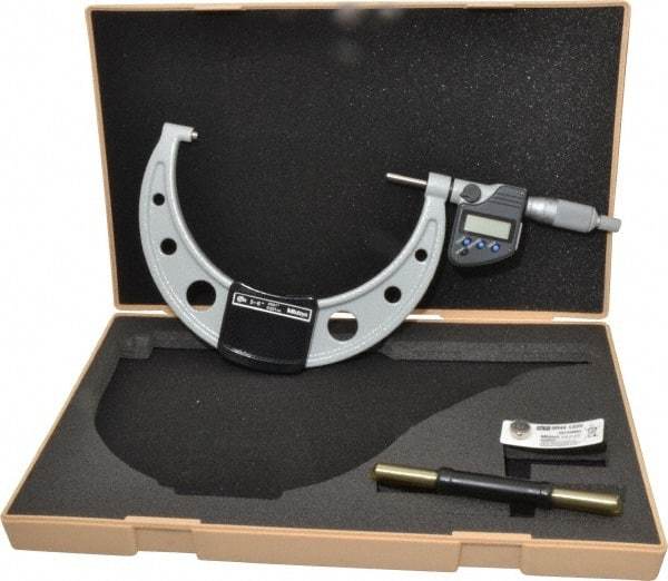 Mitutoyo - 5 to 6 Inch Range, 0.0001 Inch Resolution, Standard Throat, IP65 Electronic Outside Micrometer - 0.0001 Inch Accuracy, Ratchet Stop Thimble, Carbide Face, SR44 Battery, Data Output - USA Tool & Supply