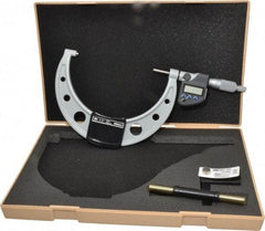 Mitutoyo - 5 to 6 Inch Range, 0.0001 Inch Resolution, Standard Throat, IP65 Electronic Outside Micrometer - 0.0001 Inch Accuracy, Ratchet Stop Thimble, Carbide Face, SR44 Battery, Data Output - USA Tool & Supply