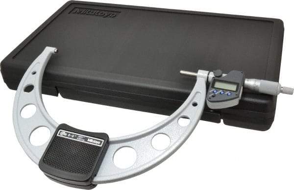 Mitutoyo - 8 to 9 Inch Range, 0.0001 Inch Resolution, Standard Throat, IP65 Electronic Outside Micrometer - 0.0002 Inch Accuracy, Ratchet Stop Thimble, Carbide Face, SR44 Battery, Data Output, Includes Certification of Inspection and Wooden Box - USA Tool & Supply