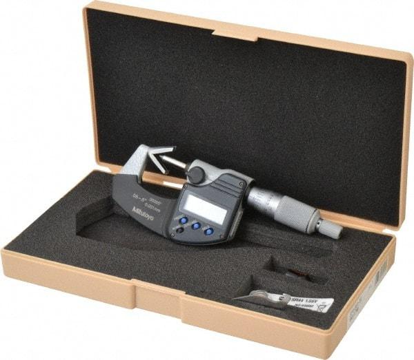 Mitutoyo - 0.05 to 0.6 Inch Measurement, Accuracy Up to 4 micro m, 3 Flutes Measured, Ratchet Stop Thimble, Electronic V Anvil Micrometer - 0.0001 Inch Resolution, Carbide, Data Output, SR44 Battery - USA Tool & Supply