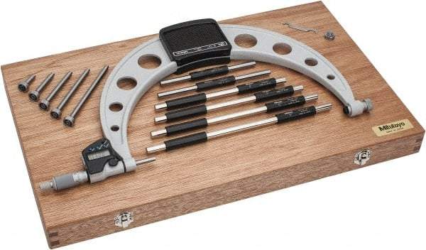 Mitutoyo - 6 Anvil, Electronic, 6 to 12 Inch Range, Carbide Face Interchangeable Anvil Micrometer - Ratchet Stop Thimble, 0.0001 Inch Resolution, 0.00016 + 0.00004 (L/3) Inch Accuracy, SR44 Battey, Includes 6 Anvils, 6 Standards and Fitted Wooden Case - USA Tool & Supply