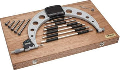 Mitutoyo - 6 Anvil, Electronic, 6 to 12 Inch Range, Carbide Face Interchangeable Anvil Micrometer - Ratchet Stop Thimble, 0.0001 Inch Resolution, 0.00016 + 0.00004 (L/3) Inch Accuracy, SR44 Battey, Includes 6 Anvils, 6 Standards and Fitted Wooden Case - USA Tool & Supply