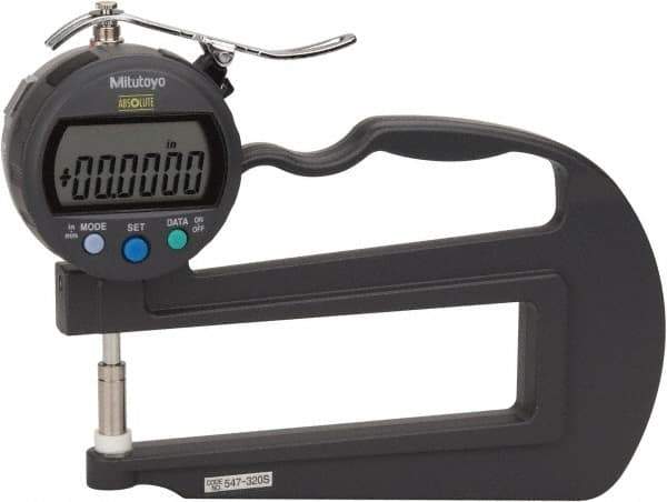 Mitutoyo - 0mm to 10mm Measurement, 0.01mm Resolution Electronic Thickness Gage - Accurate up to 0.001", 1.5 N Measuring Force - USA Tool & Supply
