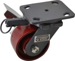 Hamilton - 4" Diam x 2" Wide x 5-5/8" OAH Top Plate Mount Swivel Caster with Brake - Cast Iron, 1,000 Lb Capacity, Roller Bearing, 4 x 5" Plate - USA Tool & Supply