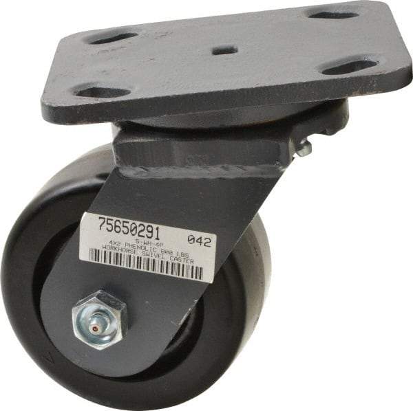 Hamilton - 4" Diam x 2" Wide x 5-5/8" OAH Top Plate Mount Swivel Caster - Phenolic, 800 Lb Capacity, Roller Bearing, 4 x 5" Plate - USA Tool & Supply
