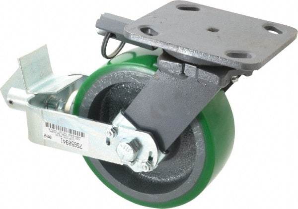 Hamilton - 6" Diam x 2" Wide x 7-1/2" OAH Top Plate Mount Swivel Caster with Brake - Polyurethane, 1,200 Lb Capacity, Precision Sealed Bearing, 4 x 5" Plate - USA Tool & Supply