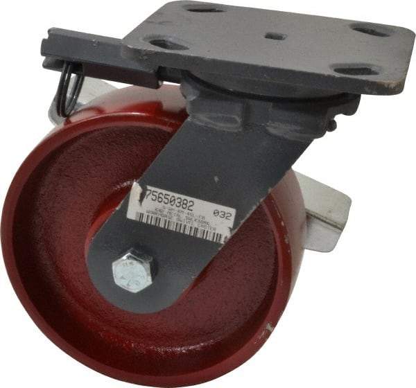Hamilton - 6" Diam x 2" Wide x 7-1/2" OAH Top Plate Mount Swivel Caster with Brake - Cast Iron, 1,400 Lb Capacity, Roller Bearing, 4 x 5" Plate - USA Tool & Supply