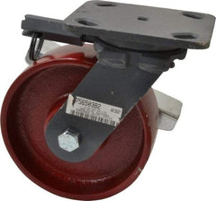 Hamilton - 6" Diam x 2" Wide x 7-1/2" OAH Top Plate Mount Swivel Caster with Brake - Cast Iron, 1,400 Lb Capacity, Roller Bearing, 4 x 5" Plate - USA Tool & Supply
