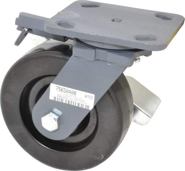 Hamilton - 6" Diam x 2" Wide x 7-1/2" OAH Top Plate Mount Swivel Caster with Brake - Phenolic, 1,200 Lb Capacity, Roller Bearing, 4 x 5" Plate - USA Tool & Supply