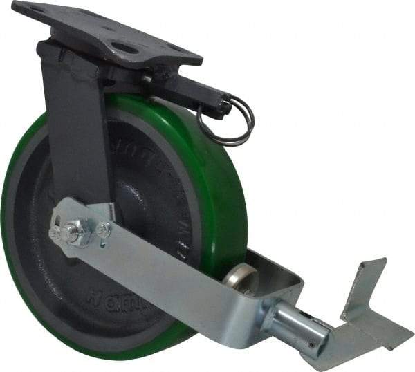 Hamilton - 8" Diam x 2" Wide x 9-1/2" OAH Top Plate Mount Swivel Caster with Brake - Polyurethane, 1,500 Lb Capacity, Precision Sealed Bearing, 4 x 5" Plate - USA Tool & Supply