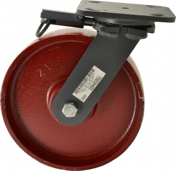 Hamilton - 8" Diam x 2" Wide x 9-1/2" OAH Top Plate Mount Swivel Caster with Brake - Cast Iron, 1,500 Lb Capacity, Roller Bearing, 4 x 5" Plate - USA Tool & Supply