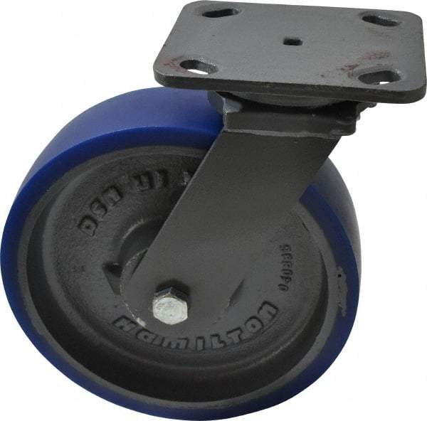 Hamilton - 8" Diam x 2" Wide x 9-1/2" OAH Top Plate Mount Swivel Caster - Polyurethane, 1,200 Lb Capacity, Precision Sealed Bearing, 4 x 5" Plate - USA Tool & Supply
