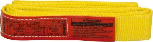 Lift-All - 6' Long x 2" Wide, 3,200 Lb Vertical Capacity, 1 Ply, Polyester Web Sling - 2,500 Lb Choker Capacity, Yellow - USA Tool & Supply