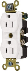 Hubbell Wiring Device-Kellems - 125 VAC, 15 Amp, 5-15R NEMA Configuration, White, Specification Grade, Self Grounding Duplex Receptacle - 1 Phase, 2 Poles, 3 Wire, Flush Mount, Corrosion, Heat and Impact Resistant - USA Tool & Supply