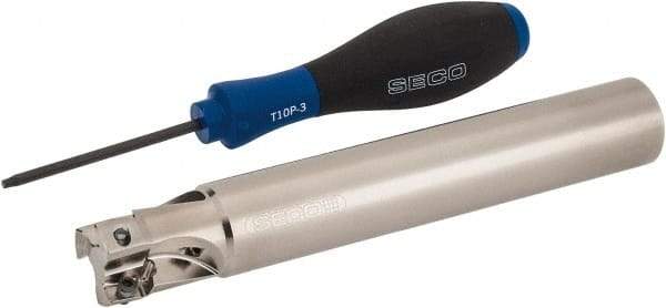 Seco - 1" Cut Diam, 0.433" Max Depth of Cut, 1" Shank Diam, 6.69" OAL, Indexable Square Shoulder End Mill - XO.X 1204 Inserts, Cylindrical Shank, 90° Lead Angle, Through Coolant, Series Super Turbo - USA Tool & Supply