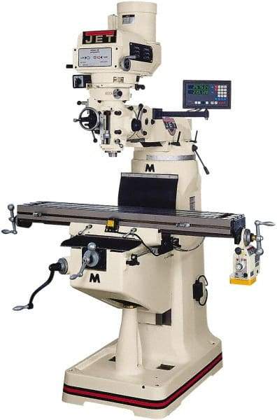 Jet - 9" Table Width x 42" Table Length, Variable Speed Pulley Control, 3 Phase Knee Milling Machine - R8 Spindle Taper, 3 hp - USA Tool & Supply