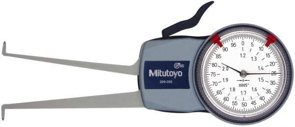 Mitutoyo - 1.2 to 2" Inside Dial Caliper Gage - 0.0005" Graduation, 0.0015" Accuracy, 3.3" Leg Length, 0.26" Deep x 0.06" Wide Groove, Ball Contact Points - USA Tool & Supply
