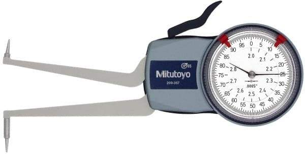 Mitutoyo - 2 to 2.8" Inside Dial Caliper Gage - 0.0005" Graduation, 0.0015" Accuracy, 3.3" Leg Length, 0.31" Deep x 0.06" Wide Groove, Ball Contact Points - USA Tool & Supply