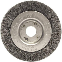 Weiler - 3" OD, 1/2" Arbor Hole, Crimped Steel Wheel Brush - 7/16" Face Width, 1/2" Trim Length, 0.014" Filament Diam, 12,500 RPM - USA Tool & Supply