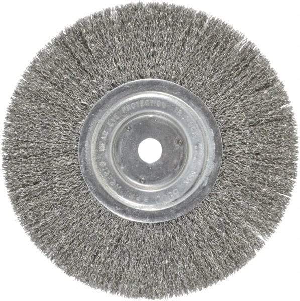 Weiler - 8" OD, 5/8" Arbor Hole, Crimped Steel Wheel Brush - 1/2" Face Width, 2-1/16" Trim Length, 0.014" Filament Diam, 6,000 RPM - USA Tool & Supply