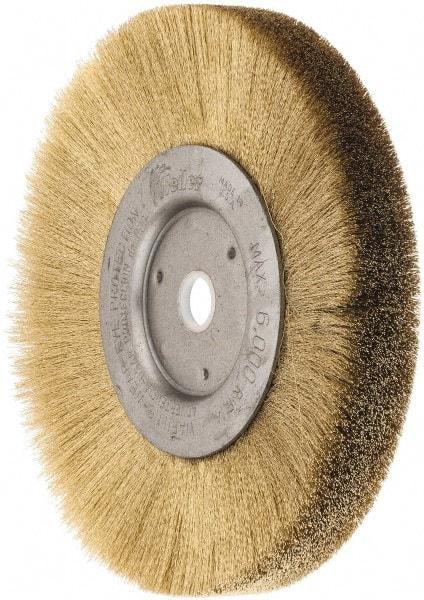 Weiler - 6" OD, 5/8" Arbor Hole, Crimped Brass Wheel Brush - 1/2" Face Width, 1-1/16" Trim Length, 0.005" Filament Diam, 6,000 RPM - USA Tool & Supply