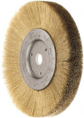 Weiler - 6" OD, 5/8" Arbor Hole, Crimped Brass Wheel Brush - 1/2" Face Width, 1-1/16" Trim Length, 0.005" Filament Diam, 6,000 RPM - USA Tool & Supply