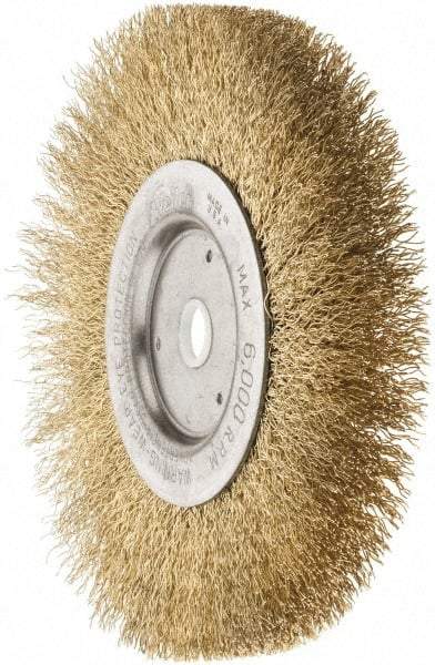 Weiler - 6" OD, 5/8" Arbor Hole, Crimped Brass Wheel Brush - 1/2" Face Width, 1-1/16" Trim Length, 0.0118" Filament Diam, 6,000 RPM - USA Tool & Supply