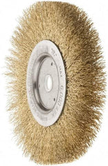 Weiler - 6" OD, 5/8" Arbor Hole, Crimped Brass Wheel Brush - 1/2" Face Width, 1-1/16" Trim Length, 0.0118" Filament Diam, 6,000 RPM - USA Tool & Supply