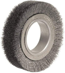 Weiler - 4-1/2" OD, 2" Arbor Hole, Crimped Steel Wheel Brush - 1-1/4" Face Width, 3/4" Trim Length, 0.014" Filament Diam, 6,000 RPM - USA Tool & Supply