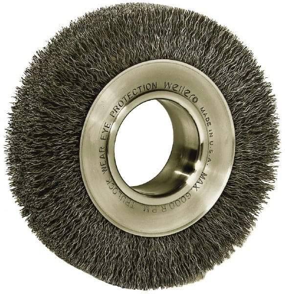 Weiler - 6" OD, 2" Arbor Hole, Crimped Steel Wheel Brush - 1-1/4" Face Width, 1-1/8" Trim Length, 0.006" Filament Diam, 6,000 RPM - USA Tool & Supply