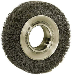 Weiler - 6" OD, 2" Arbor Hole, Crimped Steel Wheel Brush - 1-1/4" Face Width, 1-1/8" Trim Length, 0.006" Filament Diam, 6,000 RPM - USA Tool & Supply