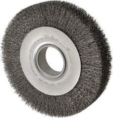Weiler - 8" OD, 2" Arbor Hole, Crimped Steel Wheel Brush - 1-1/2" Face Width, 1-3/8" Trim Length, 0.014" Filament Diam, 4,500 RPM - USA Tool & Supply