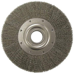 Weiler - 6" OD, 2" Arbor Hole, Crimped Stainless Steel Wheel Brush - 1-1/4" Face Width, 1-1/8" Trim Length, 0.006" Filament Diam, 6,000 RPM - USA Tool & Supply