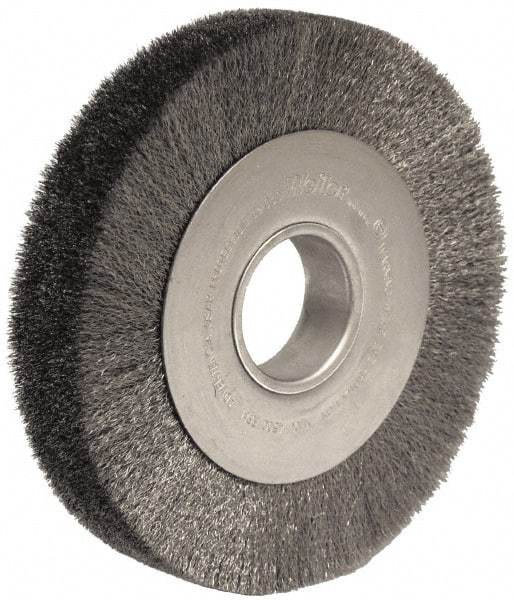 Weiler - 8" OD, 2" Arbor Hole, Crimped Stainless Steel Wheel Brush - 1-1/2" Face Width, 1-3/8" Trim Length, 0.0118" Filament Diam, 4,500 RPM - USA Tool & Supply