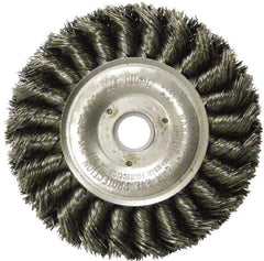 Weiler - 4" OD, 5/8" Arbor Hole, Knotted Steel Wheel Brush - 1/2" Face Width, 7/8" Trim Length, 0.014" Filament Diam, 20,000 RPM - USA Tool & Supply