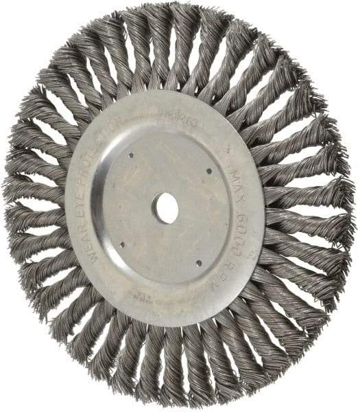 Weiler - 8" OD, 5/8" Arbor Hole, Knotted Steel Wheel Brush - 5/8" Face Width, 1-5/8" Trim Length, 0.023" Filament Diam, 6,000 RPM - USA Tool & Supply