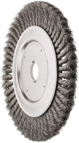 Weiler - 10" OD, 1-1/4" Arbor Hole, Knotted Steel Wheel Brush - 3/4" Face Width, 1-3/4" Trim Length, 0.016" Filament Diam, 4,500 RPM - USA Tool & Supply