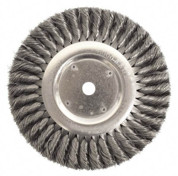 Weiler - 8" OD, 2" Arbor Hole, Knotted Steel Wheel Brush - 1" Face Width, 1-5/8" Trim Length, 0.0118" Filament Diam, 6,000 RPM - USA Tool & Supply