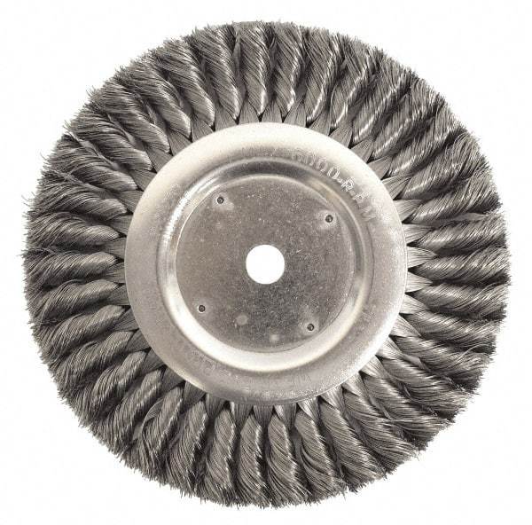 Weiler - 10" OD, 2" Arbor Hole, Knotted Steel Wheel Brush - 1-1/4" Face Width, 1-3/4" Trim Length, 0.016" Filament Diam, 4,500 RPM - USA Tool & Supply