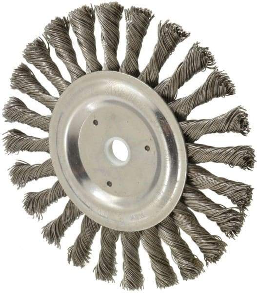Weiler - 6" OD, 5/8" Arbor Hole, Knotted Steel Wheel Brush - 3/8" Face Width, 1-3/8" Trim Length, 0.023" Filament Diam, 9,000 RPM - USA Tool & Supply
