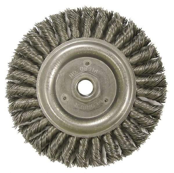 Weiler - 6" OD, 5/8-11 Arbor Hole, Knotted Steel Wheel Brush - 1/2" Face Width, 1-1/4" Trim Length, 0.023" Filament Diam, 12,500 RPM - USA Tool & Supply