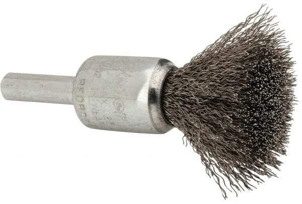 Weiler - 1/2" Brush Diam, Crimped, End Brush - 1/4" Diam Steel Shank, 25,000 Max RPM - USA Tool & Supply