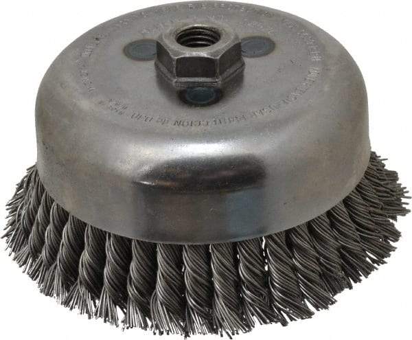 Weiler - 6" Diam, 5/8-11 Threaded Arbor, Steel Fill Cup Brush - 0.035 Wire Diam, 1-3/8" Trim Length, 6,600 Max RPM - USA Tool & Supply