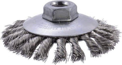 Weiler - 4" OD, 5/8-11 Arbor Hole, Knotted Stainless Steel Wheel Brush - 3/8" Face Width, 3/4" Trim Length, 0.014" Filament Diam, 12,500 RPM - USA Tool & Supply
