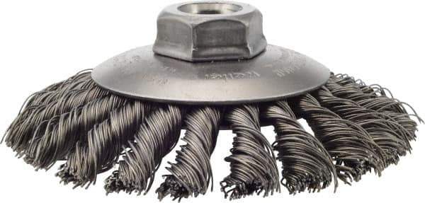 Weiler - 4-1/2" OD, 5/8-11 Arbor Hole, Knotted Steel Wheel Brush - 3/8" Face Width, 1" Trim Length, 0.02" Filament Diam, 12,500 RPM - USA Tool & Supply