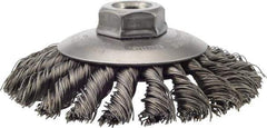 Weiler - 4-1/2" OD, 5/8-11 Arbor Hole, Knotted Steel Wheel Brush - 3/8" Face Width, 1" Trim Length, 0.02" Filament Diam, 12,500 RPM - USA Tool & Supply
