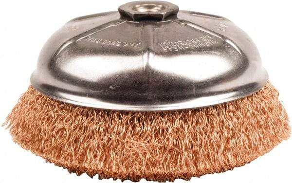 Weiler - 6" Diam, 5/8-11 Threaded Arbor, Bronze Fill Cup Brush - 0.02 Wire Diam, 1-1/4" Trim Length, 6,600 Max RPM - USA Tool & Supply