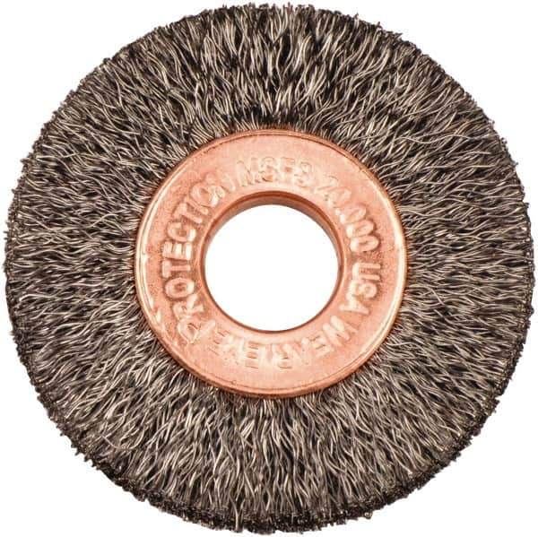 Weiler - 1-1/2" OD, 3/8" Arbor Hole, Crimped Steel Wheel Brush - 1/4" Face Width, 7/16" Trim Length, 0.006" Filament Diam, 20,000 RPM - USA Tool & Supply