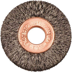 Weiler - 1-1/2" OD, 3/8" Arbor Hole, Crimped Steel Wheel Brush - 1/4" Face Width, 7/16" Trim Length, 0.006" Filament Diam, 20,000 RPM - USA Tool & Supply