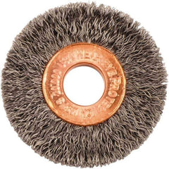 Weiler - 1-1/2" OD, 3/8" Arbor Hole, Crimped Steel Wheel Brush - 1/4" Face Width, 7/16" Trim Length, 0.008" Filament Diam, 20,000 RPM - USA Tool & Supply